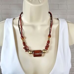 Coldwater Creek Red Jasper and Gold Tone Beaded Necklace